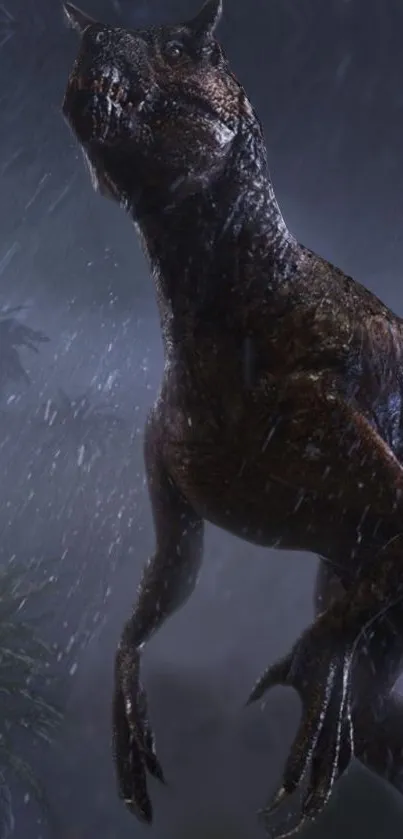 Dinosaur in a rainy, dark jungle scene wallpaper.