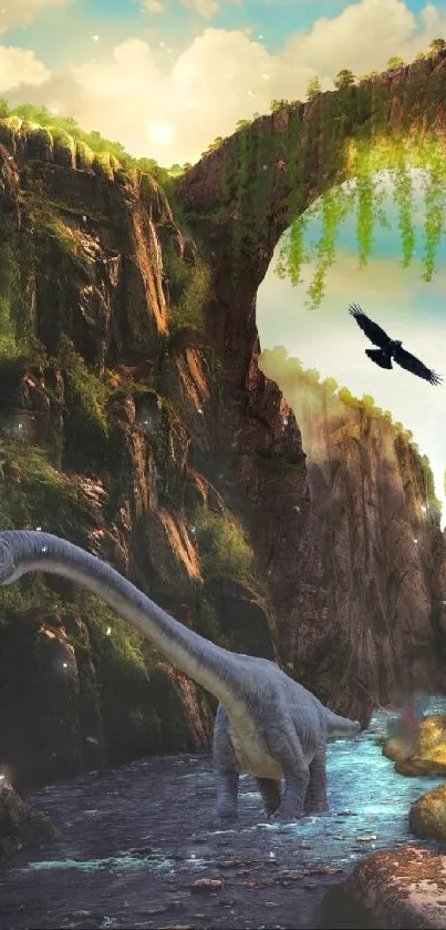 Dinosaur in a lush canyon with a soaring bird in the sky.