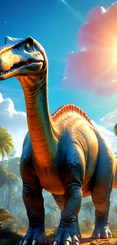 Vibrant dinosaur in a tropical jungle under a sunny, blue sky.