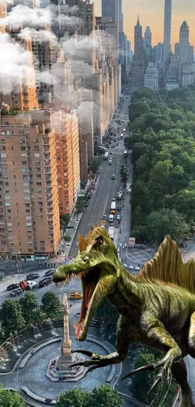 A dinosaur stands in a cityscape with tall buildings and greenery.