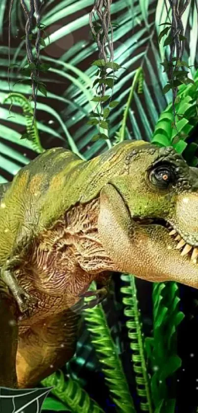 Lifelike dinosaur in lush green jungle wallpaper.