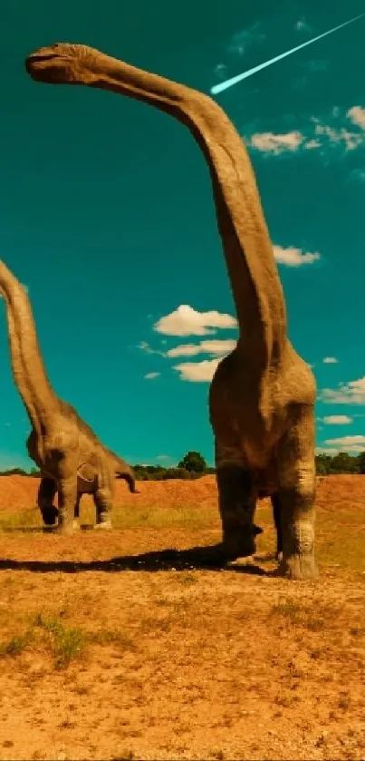 Dinosaurs in a sunny prehistoric landscape with blue sky.