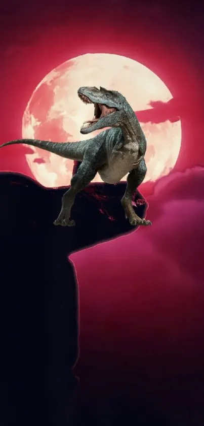 Dinosaur stands on cliff with a crimson moon background.