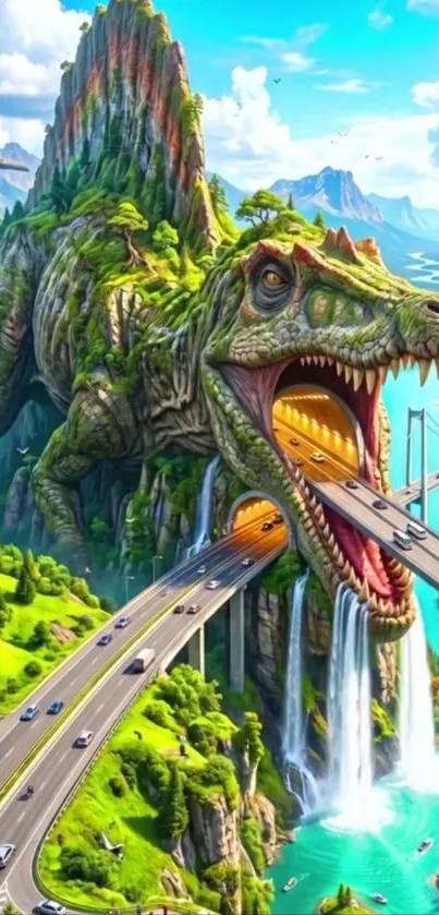 Fantasy landscape with dinosaur mountain bridge over turquoise waters.