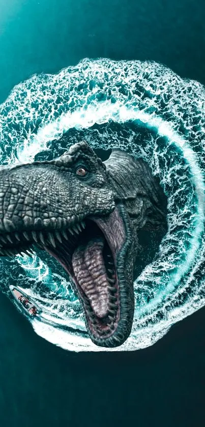 Dinosaur bursting through ocean waves in a thrilling digital art scene.