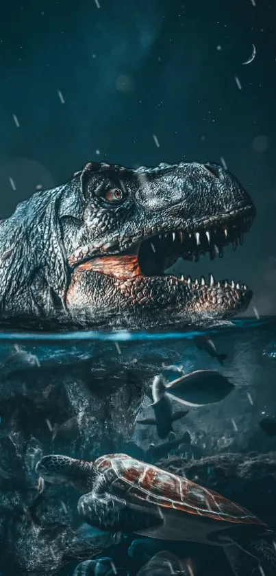 Dinosaur emerges from ocean with sea creatures below.