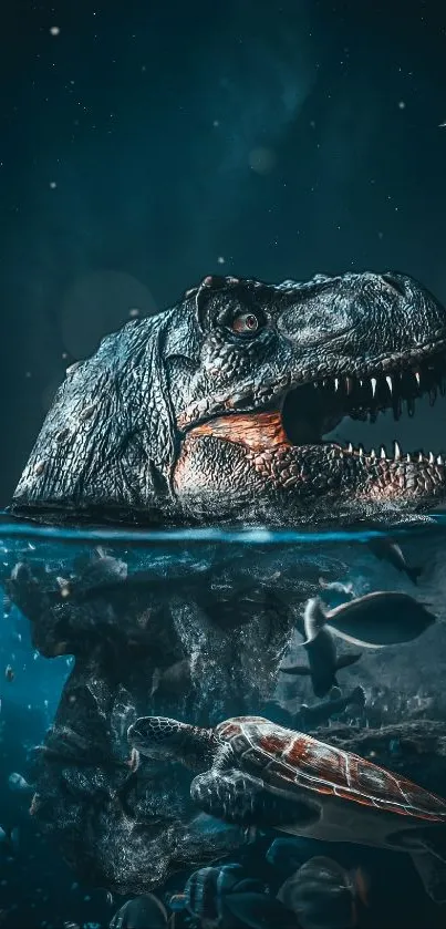 T-rex dinosaur emerging from ocean with sea creatures below.