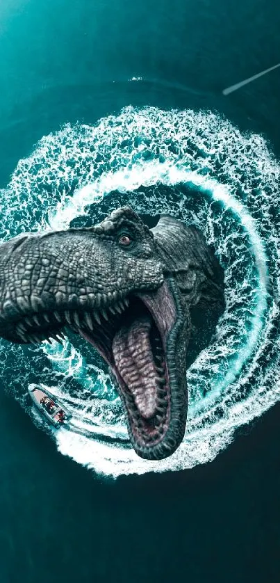 Dinosaur emerges in ocean with boat circling around.