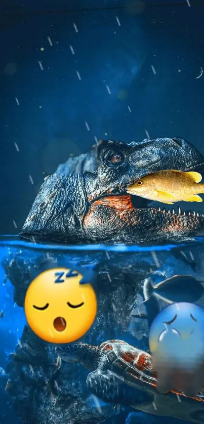 Dinosaur catches fish in ocean fantasy scene with emojis.