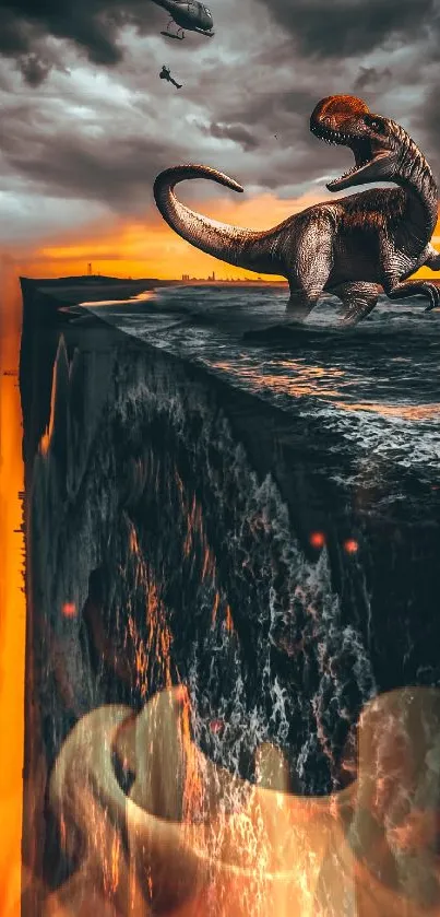Dinosaur on a dramatic cliff with a fiery orange sky and helicopters.