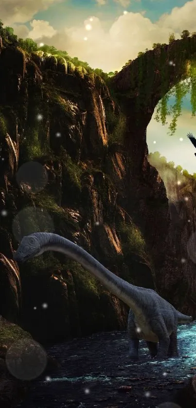 A dinosaur in a lush canyon beneath a natural archway, with a bird soaring above.