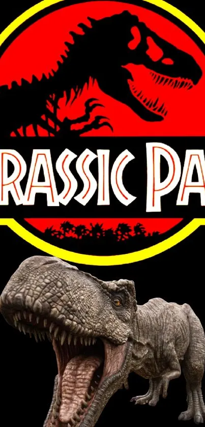 Jurassic Park logo with T-Rex dinosaur in black background.