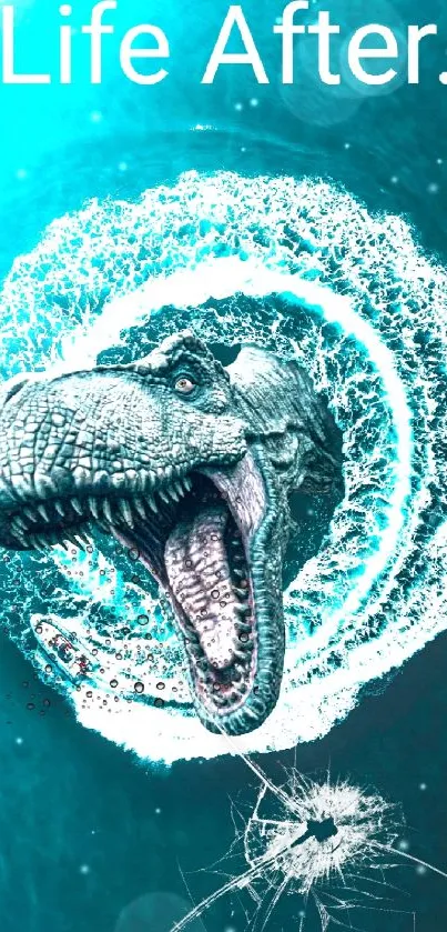 Roaring dinosaur emerges from a whirlpool on a teal aquatic mobile wallpaper.