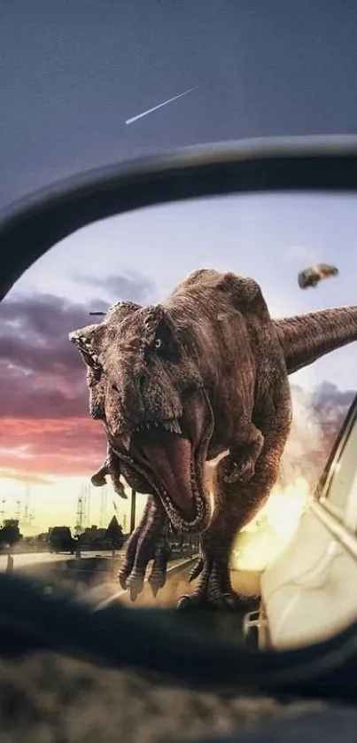 A T-Rex reflected in a car mirror at sunset.