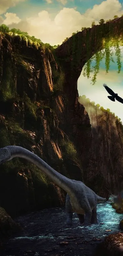 Dinosaur in a lush canyon with a soaring bird under a dramatic arch.