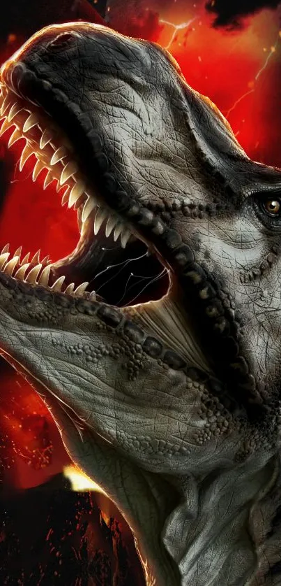 Dinosaur roaring with fiery red background.