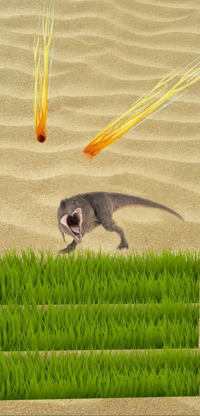 Dinosaur in desert with meteors and grass fields on phone wallpaper.