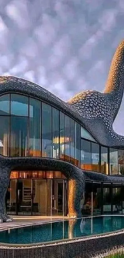 Dinosaur-shaped modern house with pool reflecting glass windows.