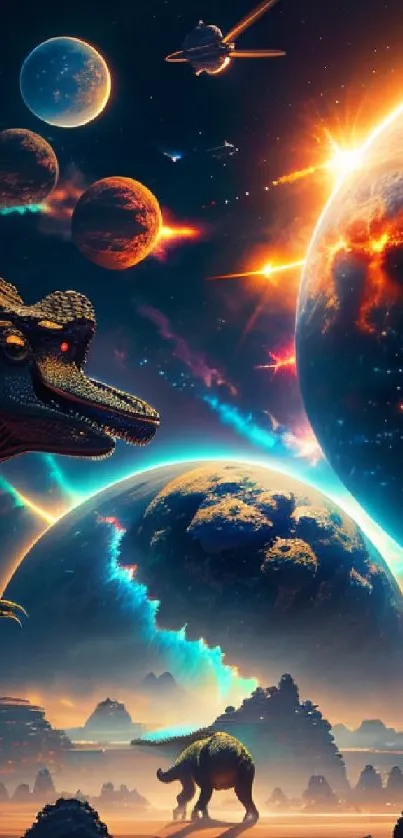 Futuristic space scene with dinosaurs and planets on a mobile wallpaper.