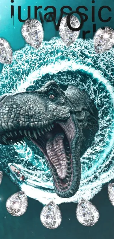 T-Rex breaking through water with metallic stones surrounding.