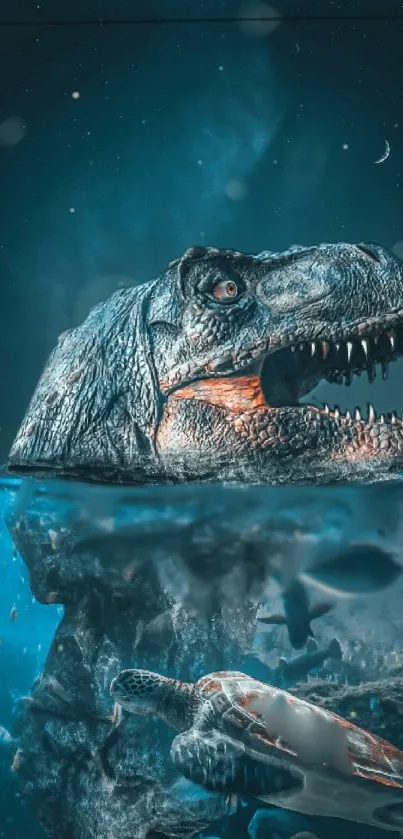 Dinosaur head emerging in underwater fantasy scenery with vibrant blue colors.