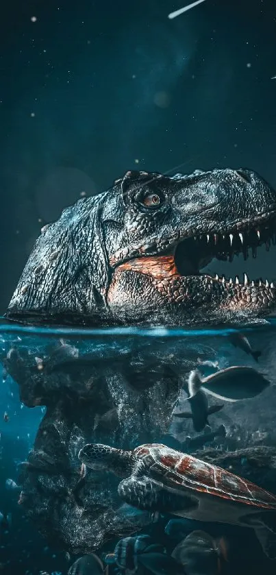 T-Rex dinosaur in an underwater scene with a turtle and fish at night.