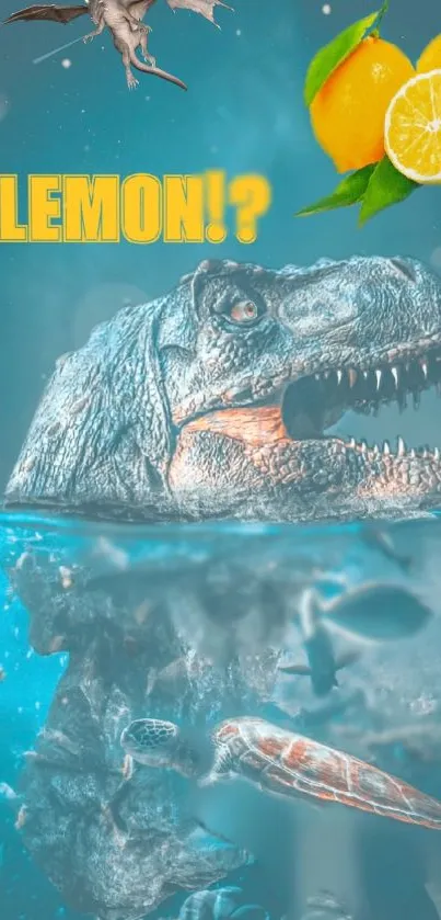 Underwater dinosaur with lemon art background.