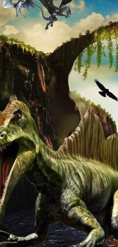 Spinosaurus and flying raptor in picturesque valley.