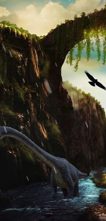 Fantasy wallpaper with dinosaur in lush valley.