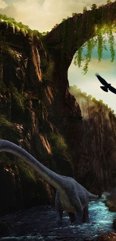 Majestic dinosaur in a green canyon with bird silhouette flying overhead.