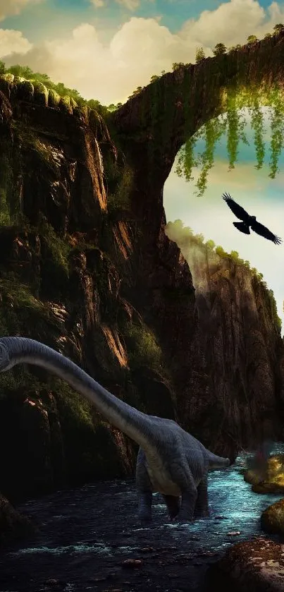 Dinosaur in a lush canyon with bird flying above.