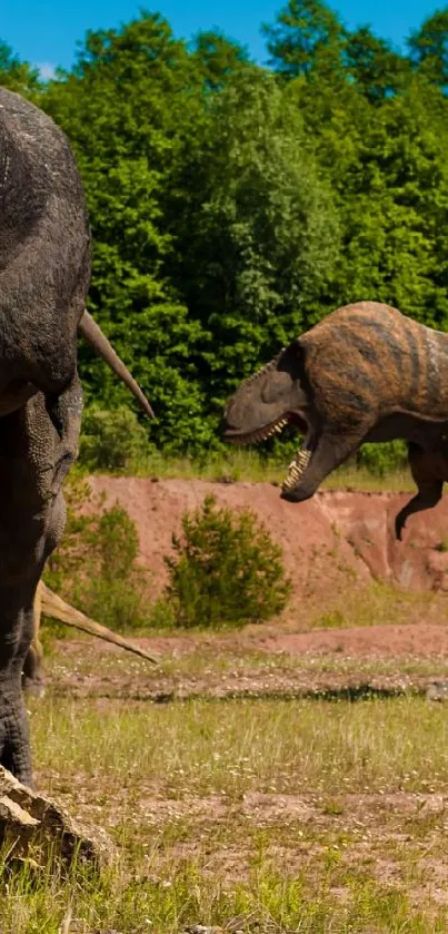 Dinosaurs in a lush green landscape with a blue sky above.