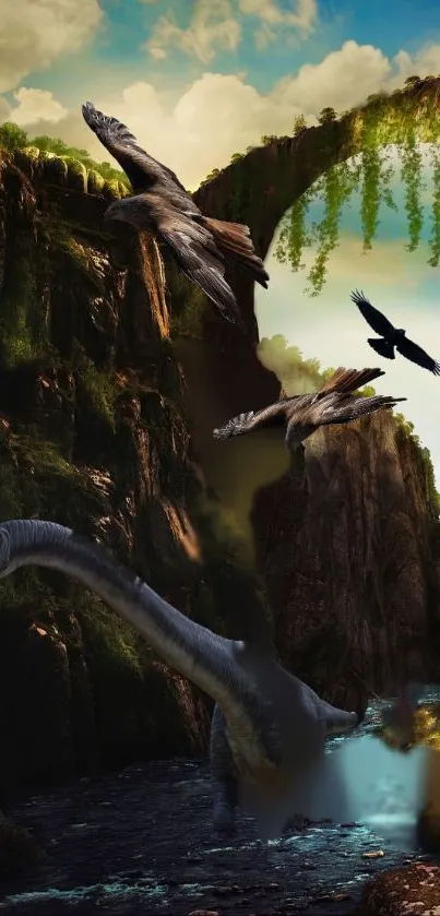 Dinosaurs and birds in a lush, fantasy valley wallpaper.