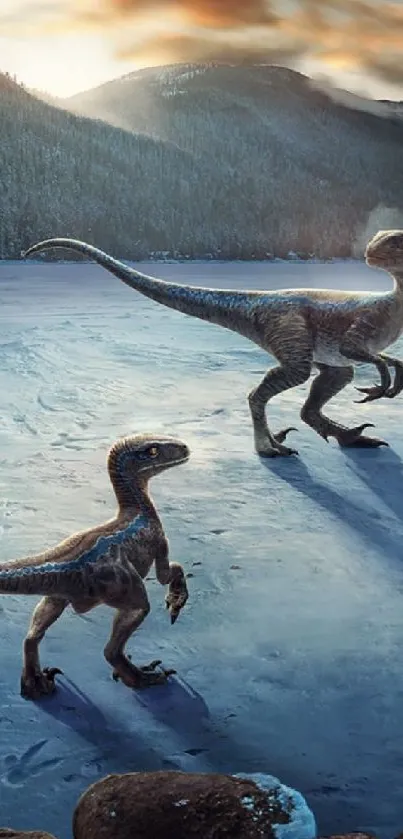 Dinosaurs walking in snowy winter landscape with mountains.