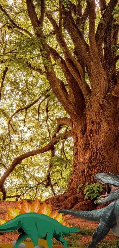 Dinosaurs under a large tree on mobile wallpaper.