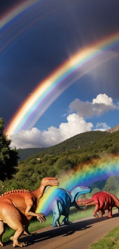 Dinosaurs walking under vivid rainbows in a scenic landscape.