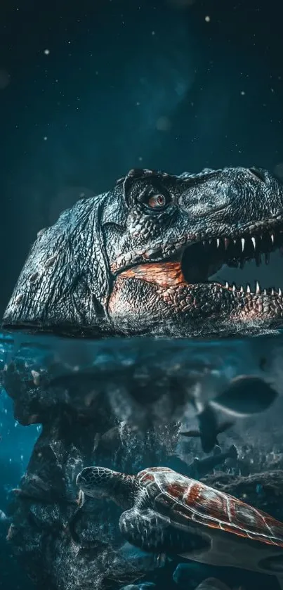 Dinosaur emerges underwater with turtles in a mystical aquatic setting.