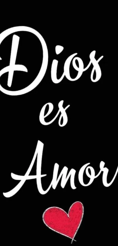 Inspirational 'Dios es Amor' with red heart on black background.