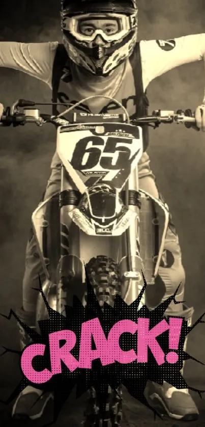 Motocross rider on a dirt bike with dynamic 'CRACK!' text in comic style.