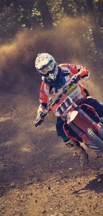 Motocross rider speeding on a dirt track, kicking up dust.