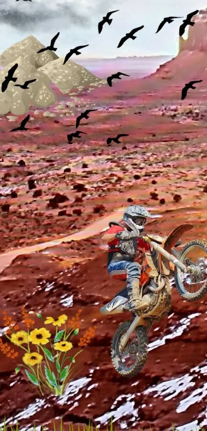 Dirt bike racing through vibrant red desert landscape with mountains and birds.