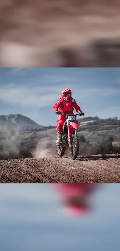 Dynamic motocross rider on dirt bike in scenic landscape.