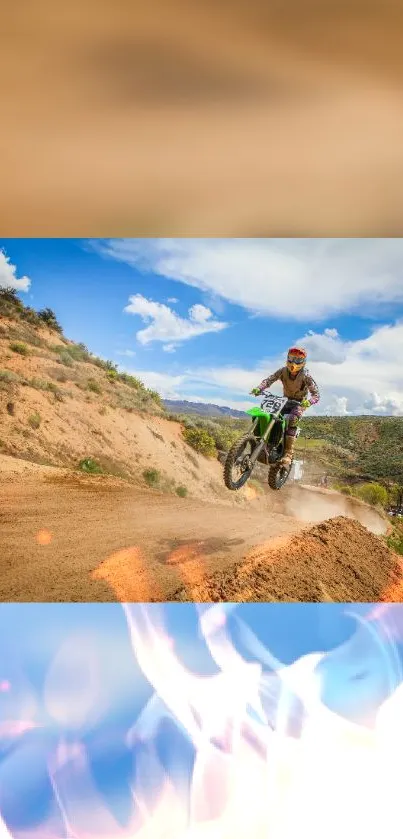 Dirt bike racing on a mountain trail with blue skies and dynamic action.