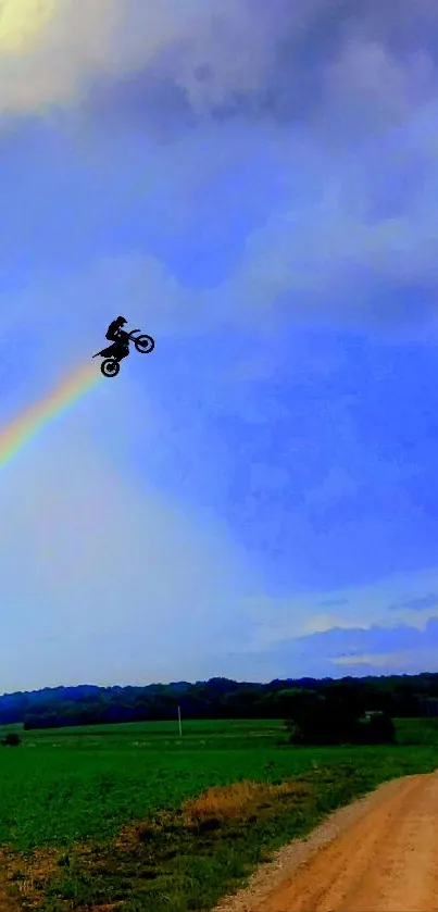 Motorbike soaring over rainbow in rural landscape.