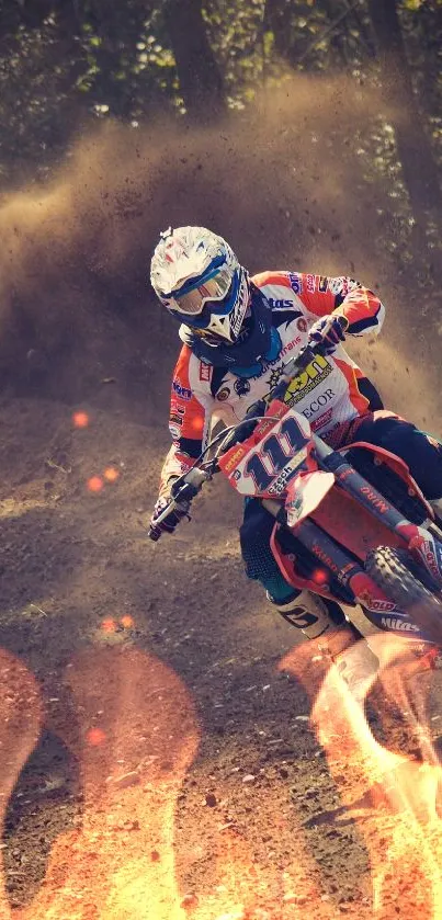 Motocross rider on a dirt track showcasing dynamic racing.