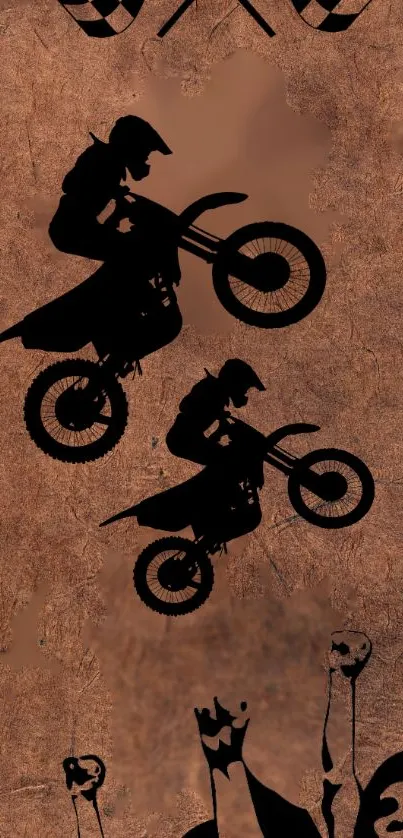 Motocross bikers performing stunts on a textured brown background.