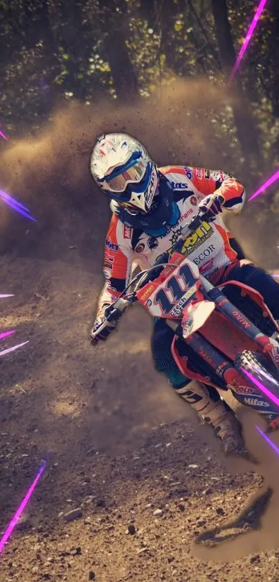 Intense motocross rider in action, dirt splashing, dynamic scene.