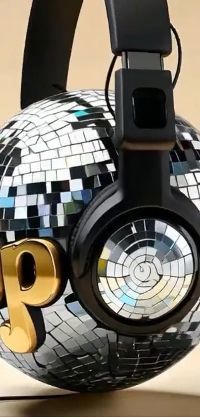 Disco ball with headphones on beige background.