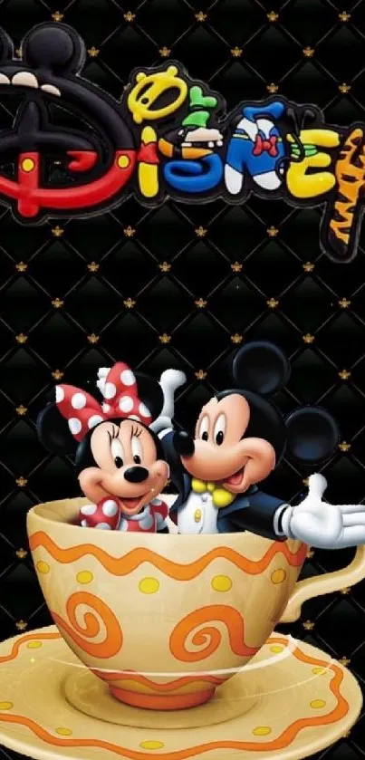 Disney characters in a teacup on a black phone wallpaper.