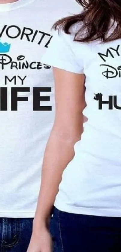 Disney couple t-shirts with fun slogans and crowns.